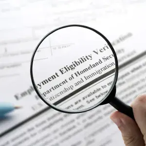 Magnifying glass over a USCIS Form I-9 Employment Eligibility Verification document