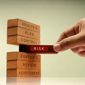Janga Loggs with words on them. Analysis, Plan, Control, Risk, Evaluate, Review, Assessment